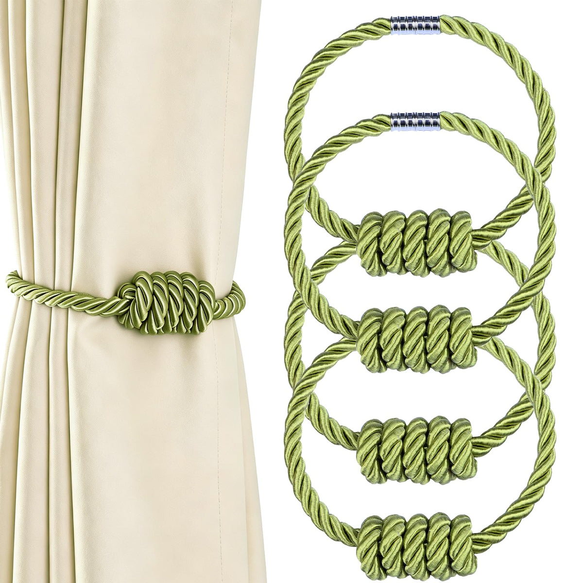 2 Pack Magnetic Curtain Tiebacks with Rope Knot(Gold,2P)