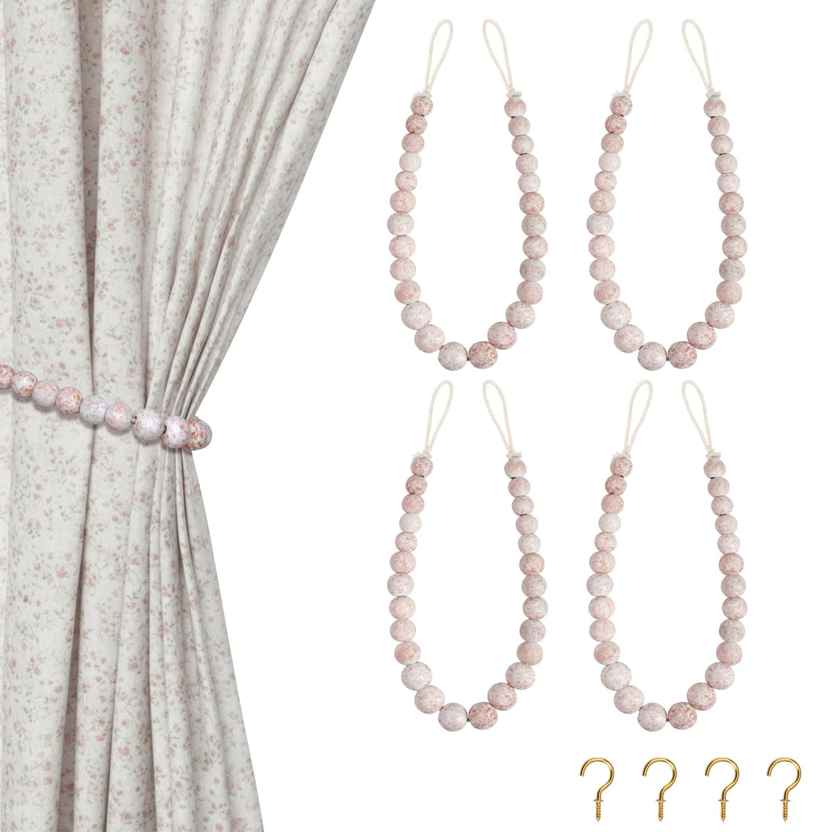 Hion 2-Pack Curtain Tiebacks,Curtain Holdbacks,Boho Wood Bead Tie Backs