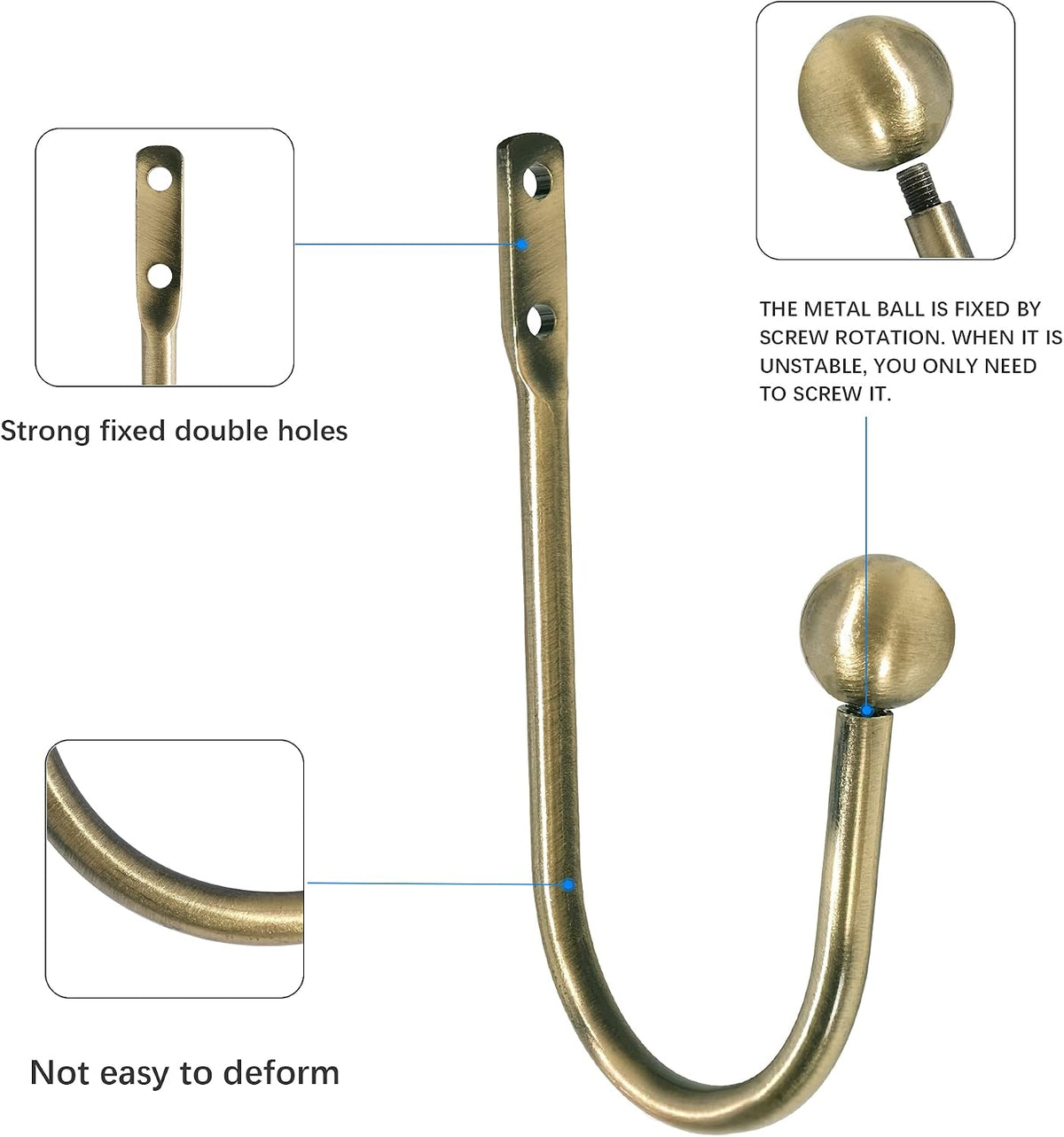 Curtain Holdback, 2 Pcs Wall Mounted Drapery Tiebacks with Screws, Heavy Duty Metal Decorative Window Drapery Holder Curtain Hook, Brass