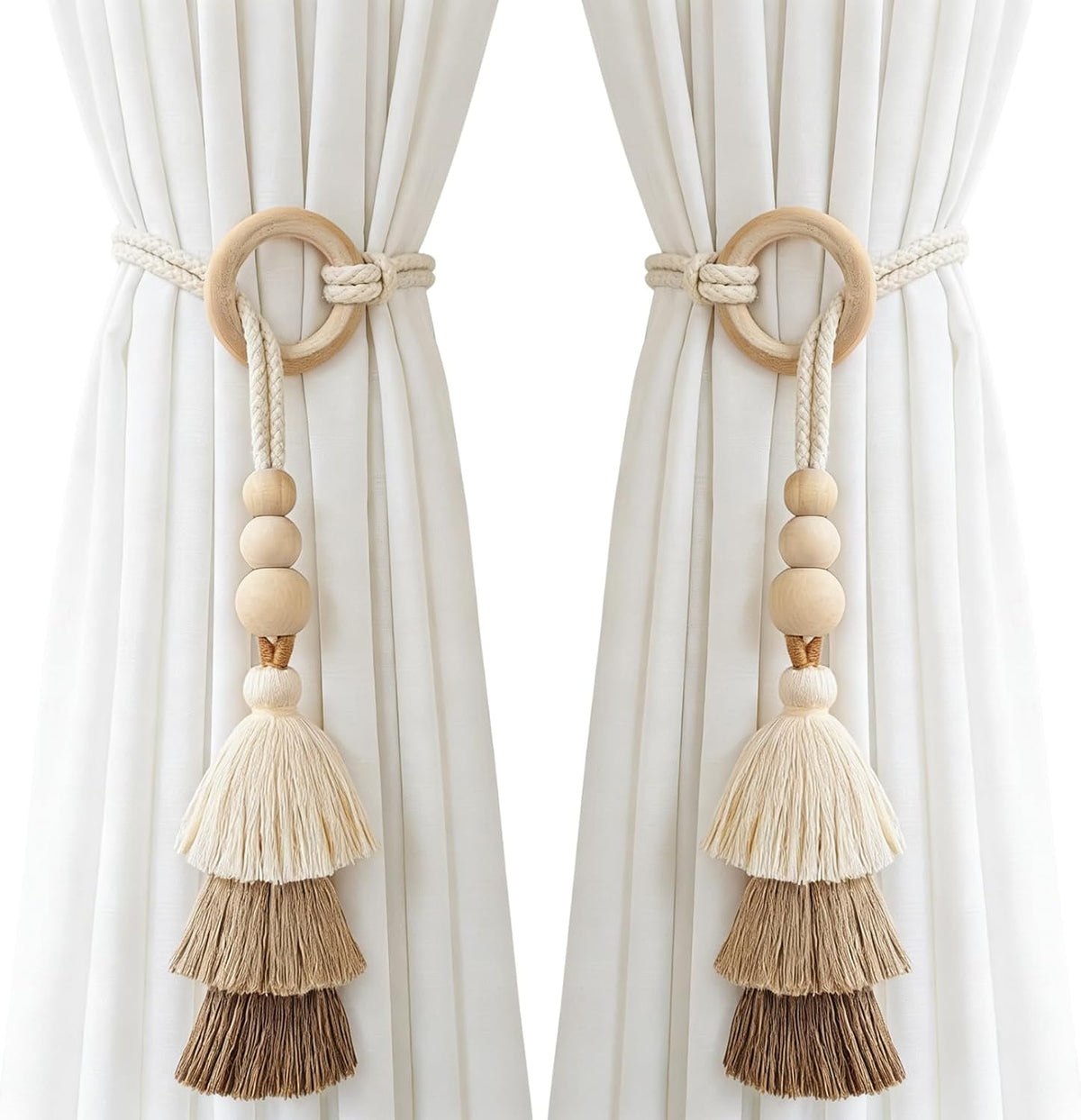 Boho Curtain Tiebacks with Wooden Beads & Tassel 2 Pack, Beige