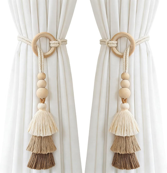 Boho Curtain Tiebacks with Wooden Beads & Tassel 2 Pack, Beige