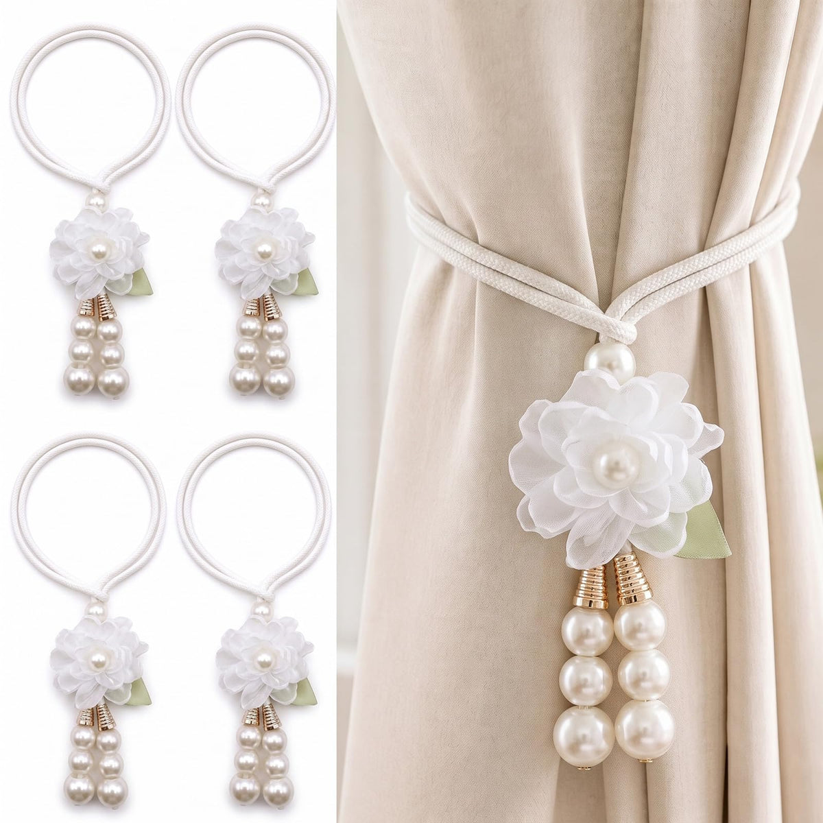 Adjustable Curtain Tiebacks， 4-Pack Hand-Woven Rope with Silk Flower & Pearl， Decorative Window Cord Holders for Drapery， Long Loop Design for All Curtain Thickness (Purple)