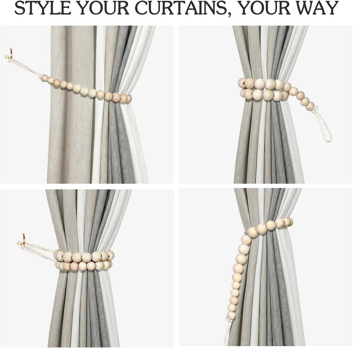 Hion 2-Pack Curtain Tiebacks,Curtain Holdbacks,Boho Wood Bead Tie Backs