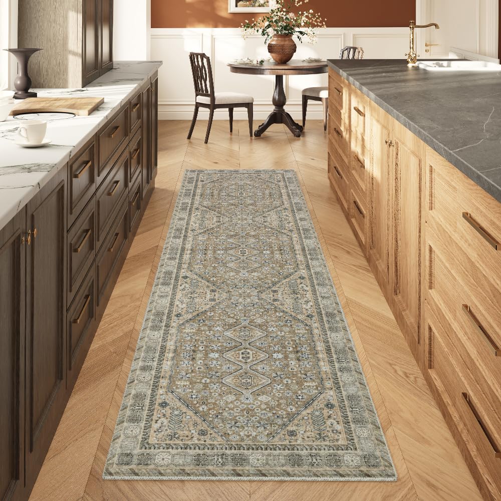 8x10 Reddish Brown Washable Area Rug for Living Room, Vintage Print