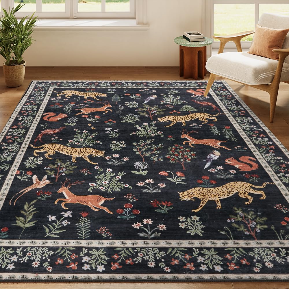 8x10 Reddish Brown Washable Area Rug for Living Room, Vintage Print