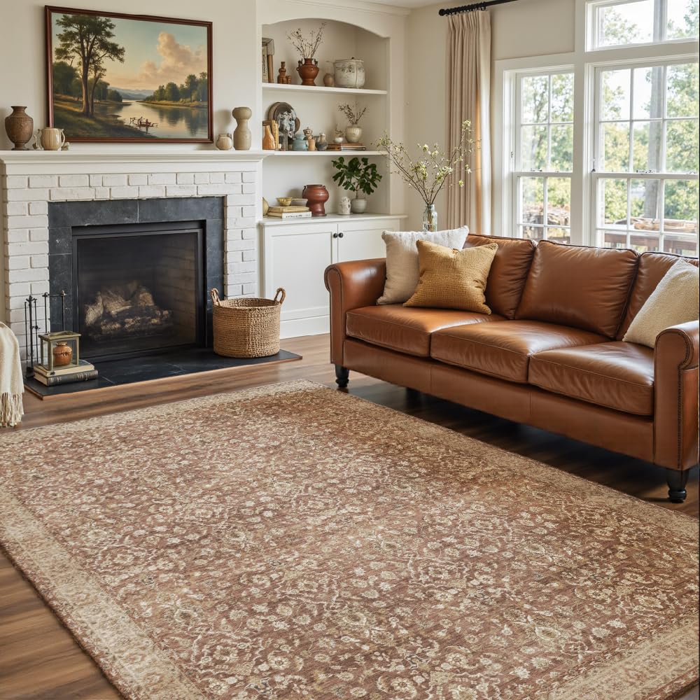 8x10 Reddish Brown Washable Area Rug for Living Room, Vintage Print