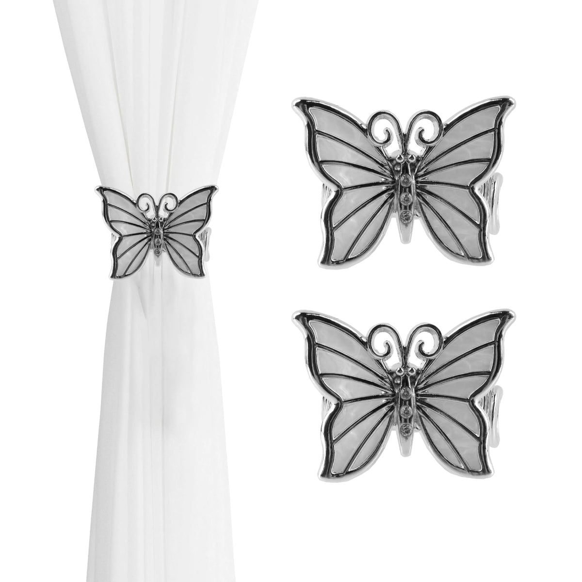 Silver Butterfly Curtain Tiebacks No-Drill, 2 Packs