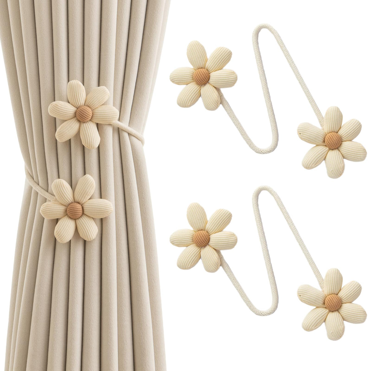 Bendable Curtain Tiebacks, Rope Tie Backs Curtains with Floral Design, 2Pack Elegant DIY Curtain Holdbacks, Decorative Window Holder for Bedroom Decor, Heronsbill