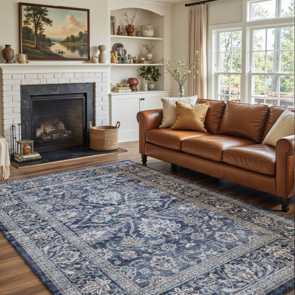 8x10 Reddish Brown Washable Area Rug for Living Room, Vintage Print