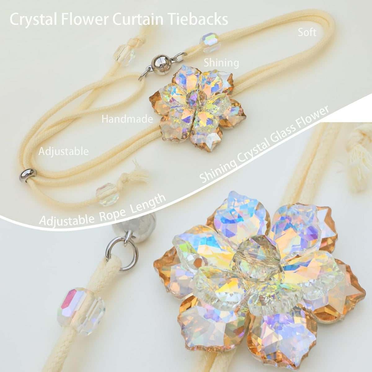 Magnetic Curtain Tiebacks, Crystal Flower Adjustable Rope Curtain Tie Backs, 2 Pack Boho Farmhouse Drapes Sheers Holdbacks for Window Home Decor (Gold)