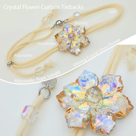 Magnetic Curtain Tiebacks, Crystal Flower Adjustable Rope Curtain Tie Backs, 2 Pack Boho Farmhouse Drapes Sheers Holdbacks for Window Home Decor (Gold)