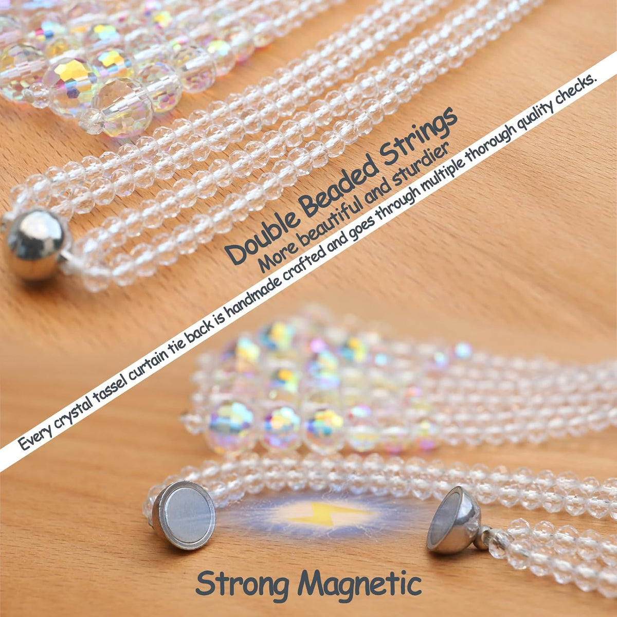 PEDOBO Magnetic Curtain Tiebacks, 2 Pack Crystal Beaded Tassel Sheer/Drapery Curtain Holdbacks, Boho Hanging Decor for Farmhouse Home Office (Crystal AB)