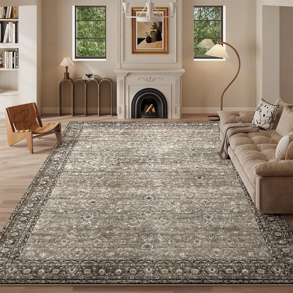 8x10 Reddish Brown Washable Area Rug for Living Room, Vintage Print