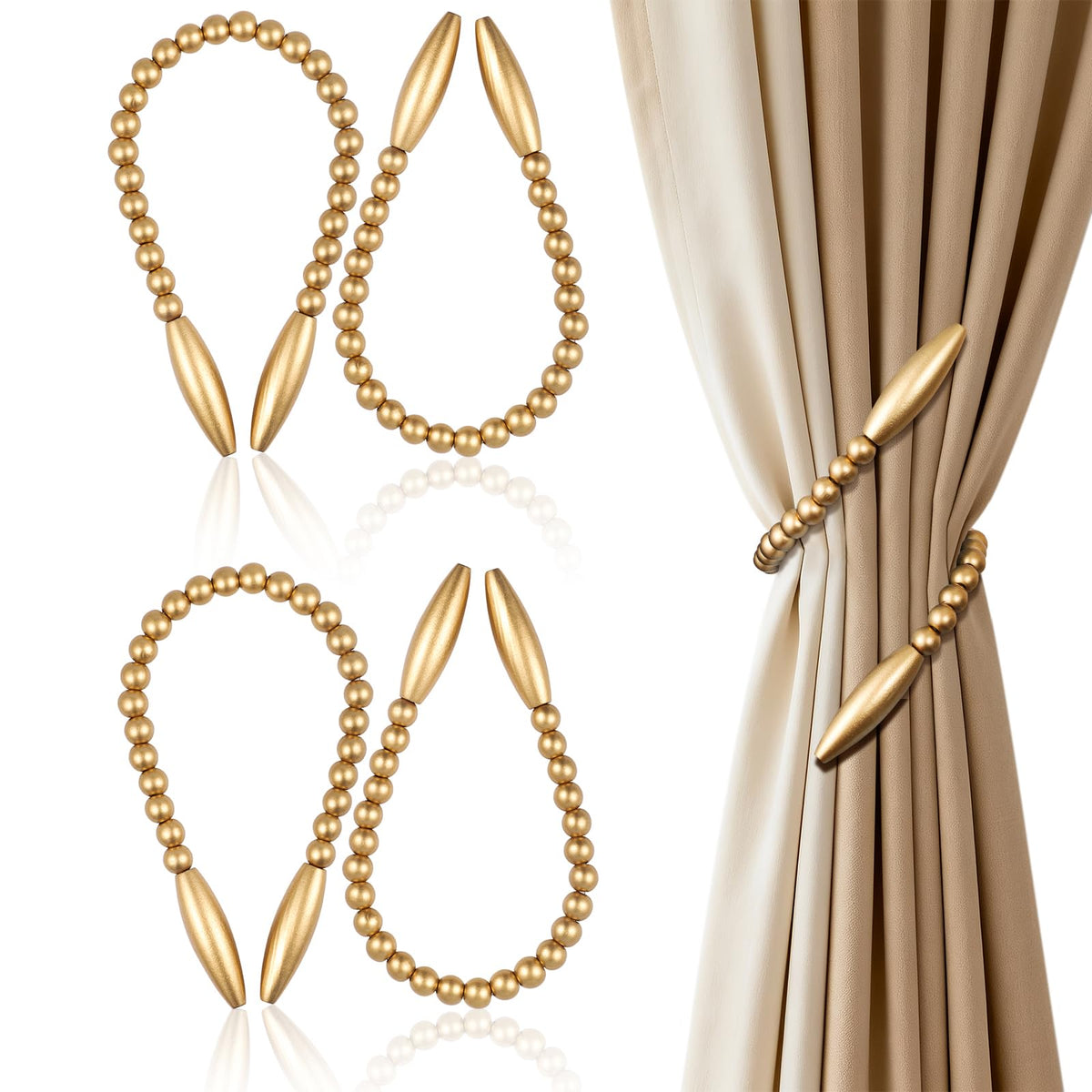 Wood Bead Curtain Tiebacks 2 Pack, No Drill Curtain Holdbacks, Gold