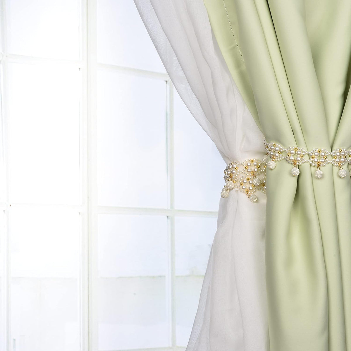 SUQ I OME Magnetic Pearl Beaded Curtain Tieback, White, 1 Pair