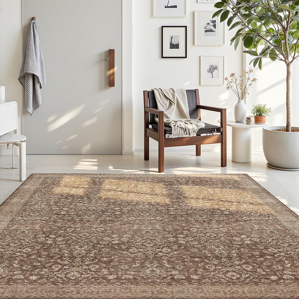 8x10 Reddish Brown Washable Area Rug for Living Room, Vintage Print