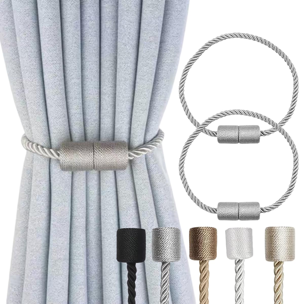 2 Pack Magnetic Curtain Tiebacks Modern Handmade Rope Curtain Tie Backs Decorative Drapes Holdbacks for Home Outdoor Bedroom Decorative Curtain (Beige)