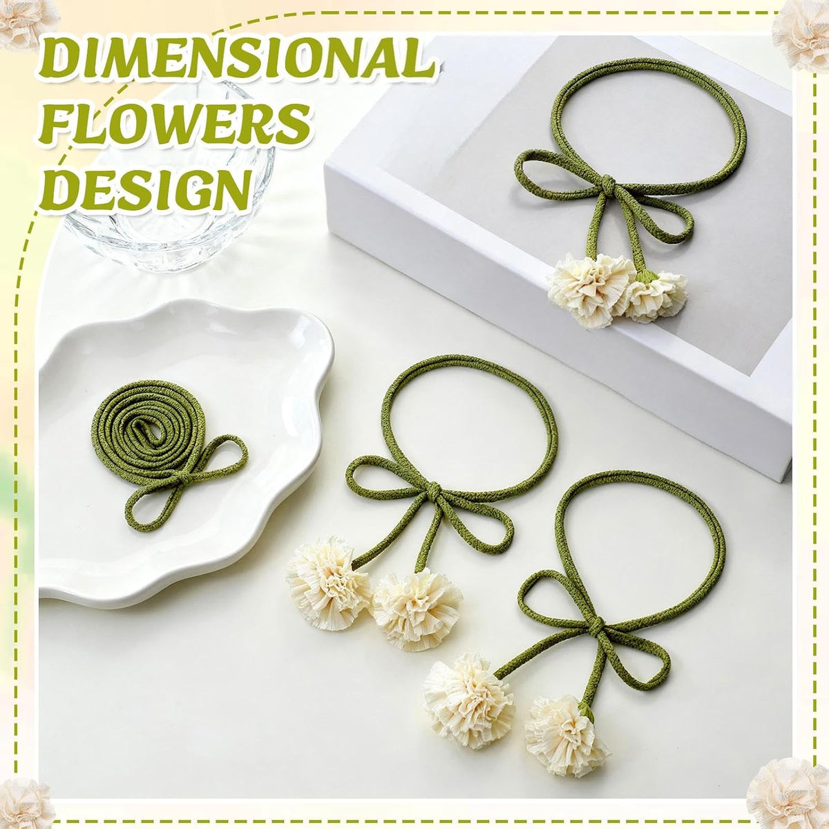 Tegeme 4 Pcs Curtain Tiebacks Flower Curtain Holdbacks Boho Floral Drapery Holdbacks No Drill DIY Decorative Ties for Home Office Wall Hangings Nursery Bedroom Decor(White,Boho Flower)
