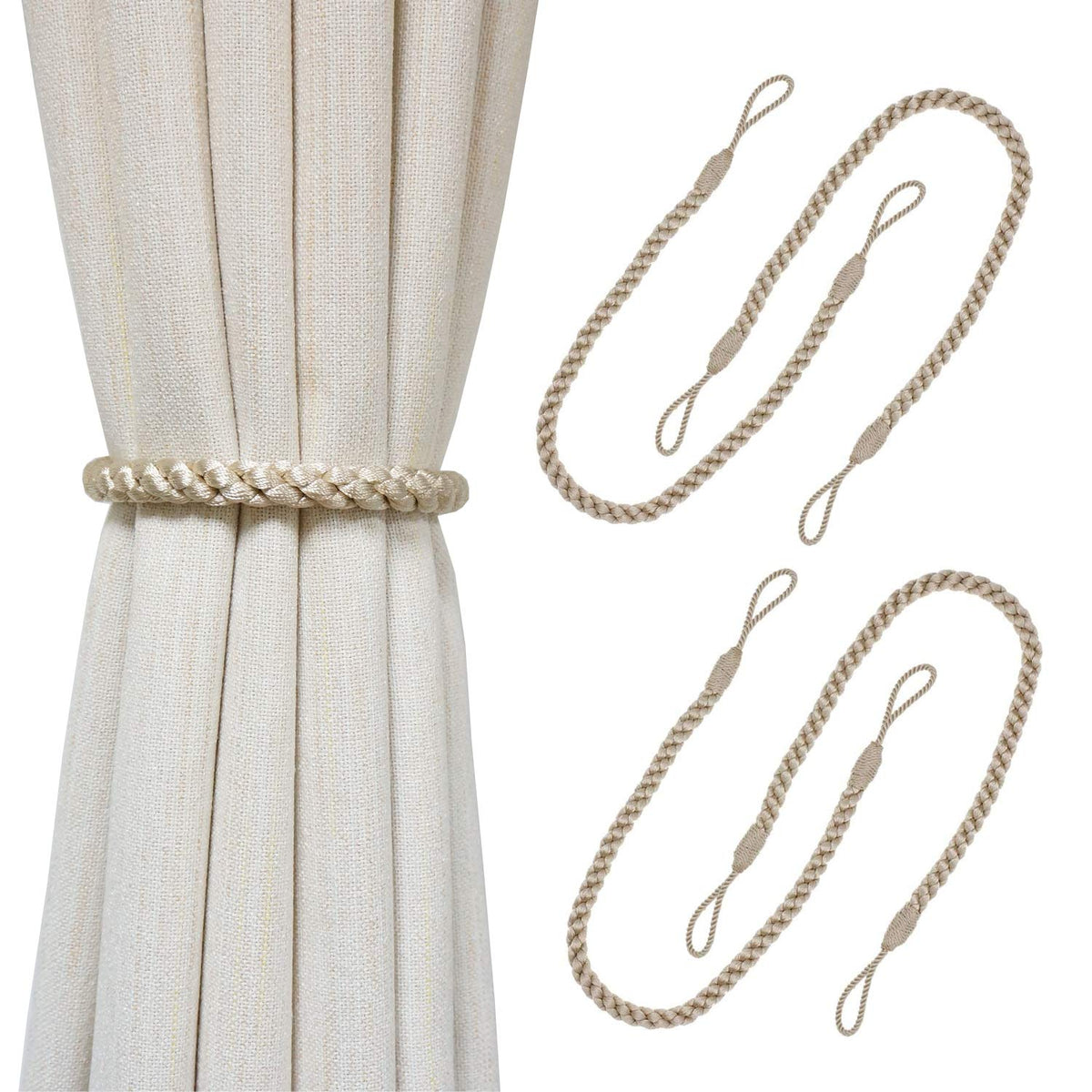 Curtain Tiebacks Ropes, 2pcs Decorative Handmade Tie Backs Curtain Holdbacks Holders Cord for Window Sheer Drapes Indoor Outdoor, Grey