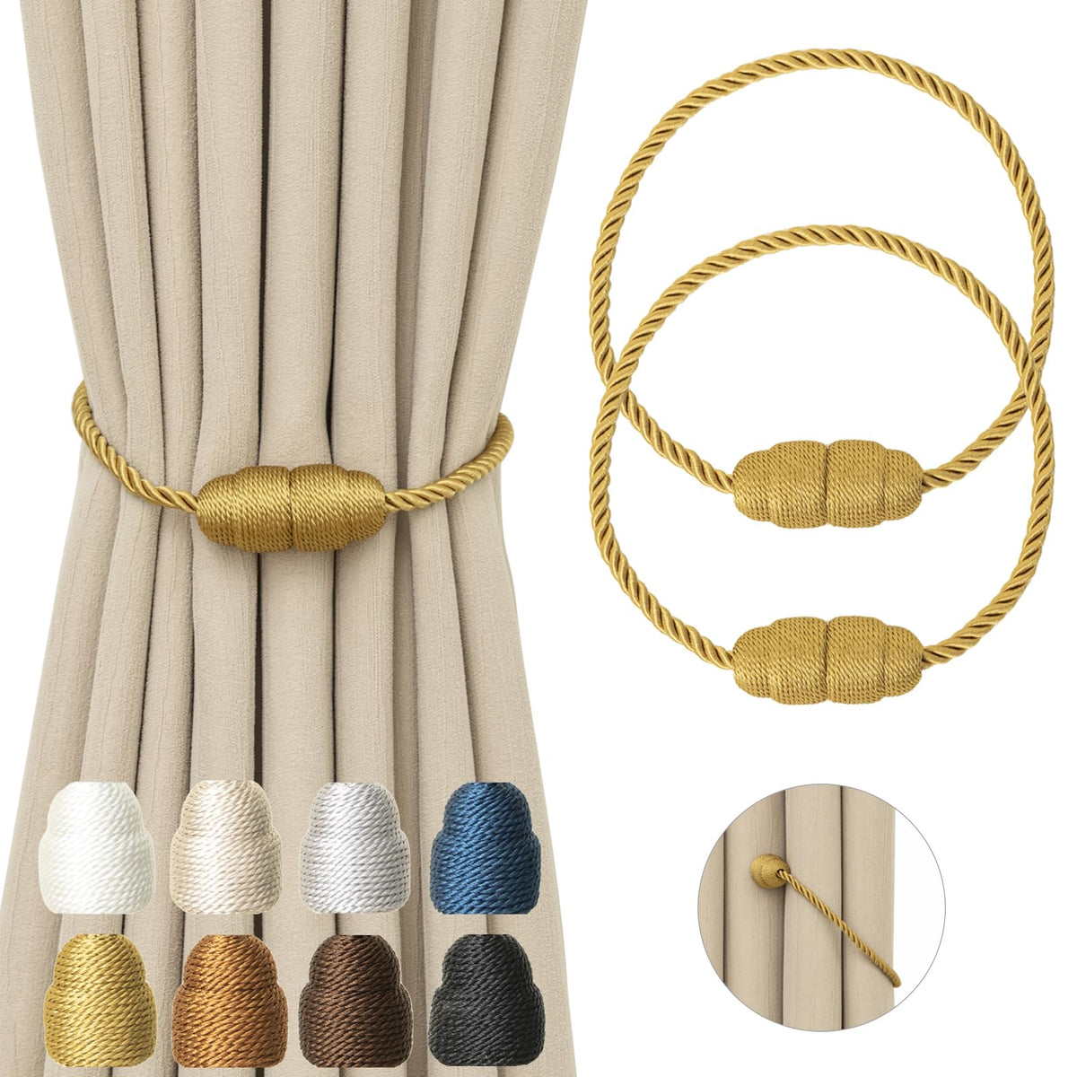 Magnetic Curtain Tiebacks Rope Curtain Tie Backs for Curtains 6 Pack Curtain Holders for Drapes Decorative Window Curtain Holdbacks, Gold