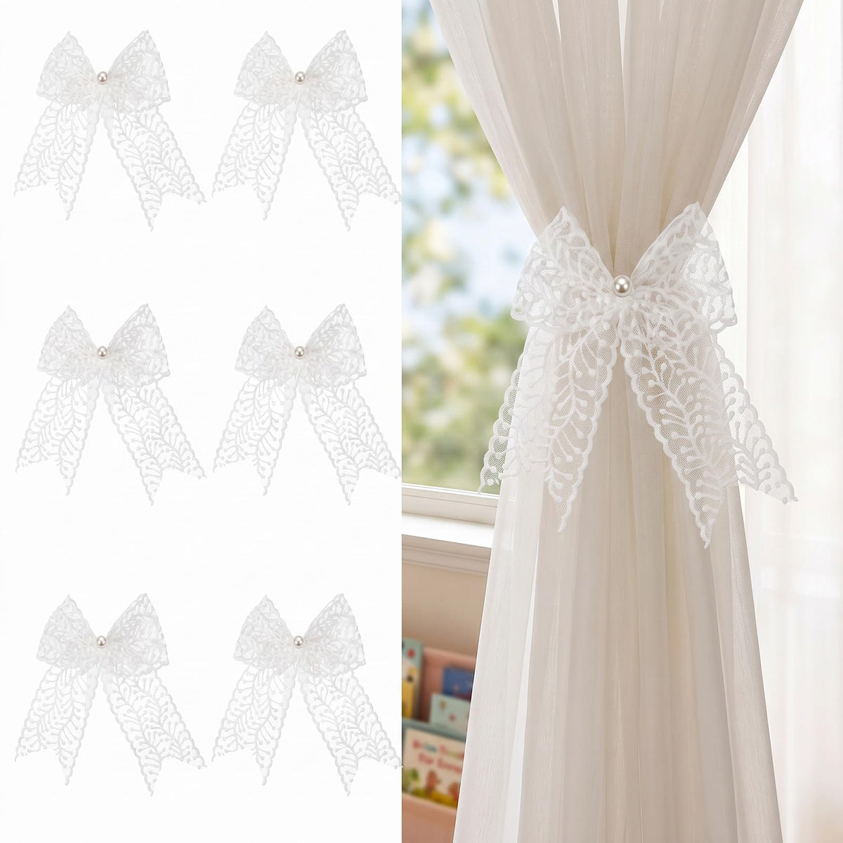 White Lace Bow Curtain Tiebacks 6-Pack, Vine Floral Curtain Holdbacks