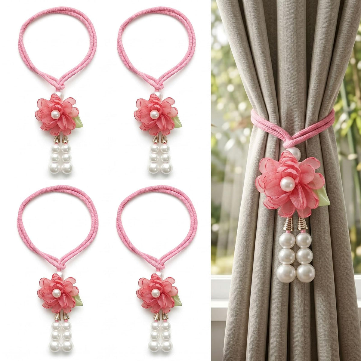 Adjustable Curtain Tiebacks， 4-Pack Hand-Woven Rope with Silk Flower & Pearl， Decorative Window Cord Holders for Drapery， Long Loop Design for All Curtain Thickness (Purple)