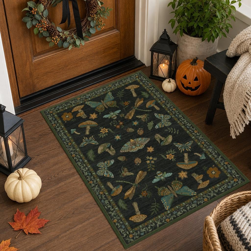 ROYHOME Mushroom Insect Washable Rug 5x7 for Bedroom Living Room Brown