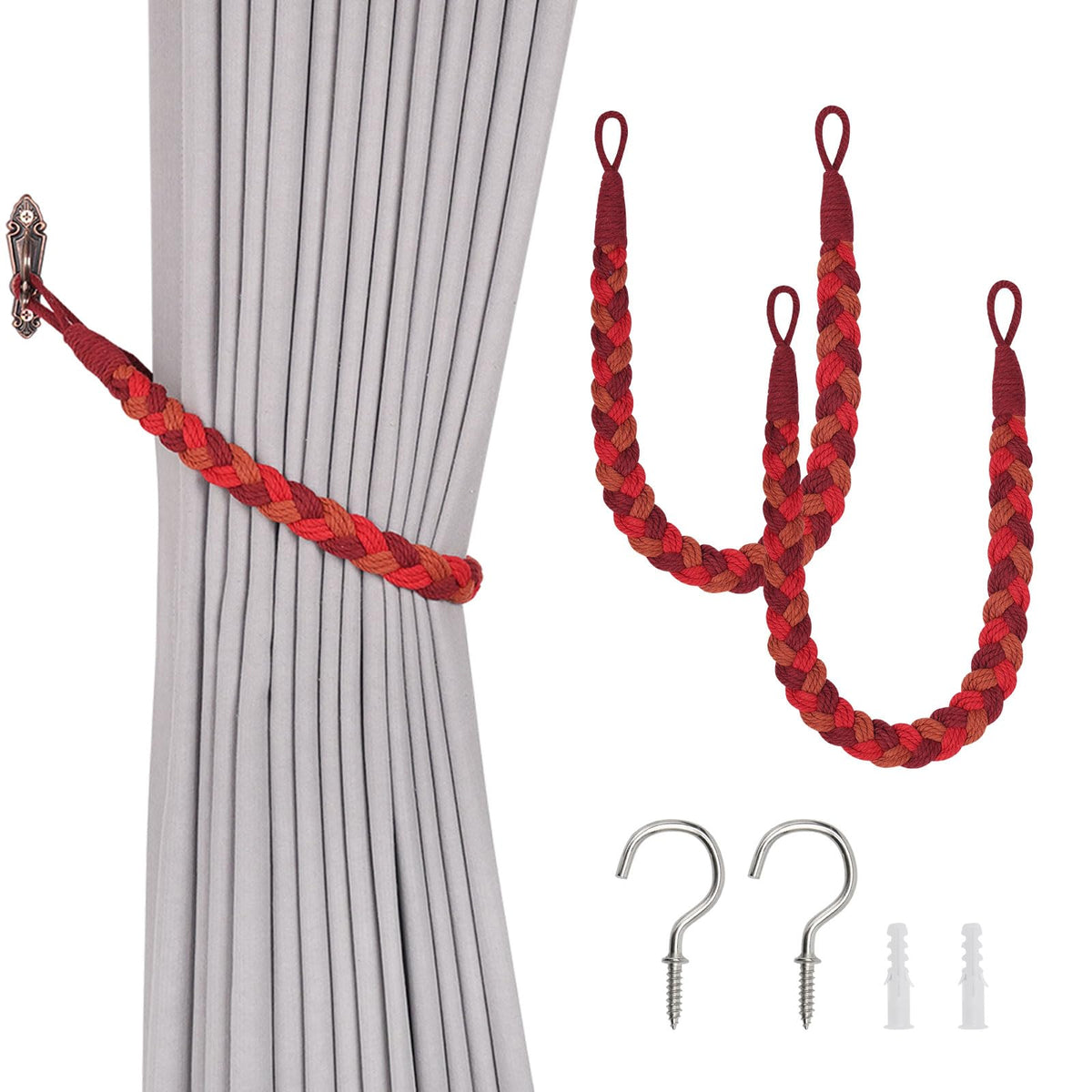 NICEEC 2 Pack Natural Cotton Rope Curtain Tiebacks Elegant Boho Style Decorative Drape Tie Backs Soft Hand-Woven Rope Curtain Holdbacks with Metal Hook for Home & Office Drapery (Coffee)