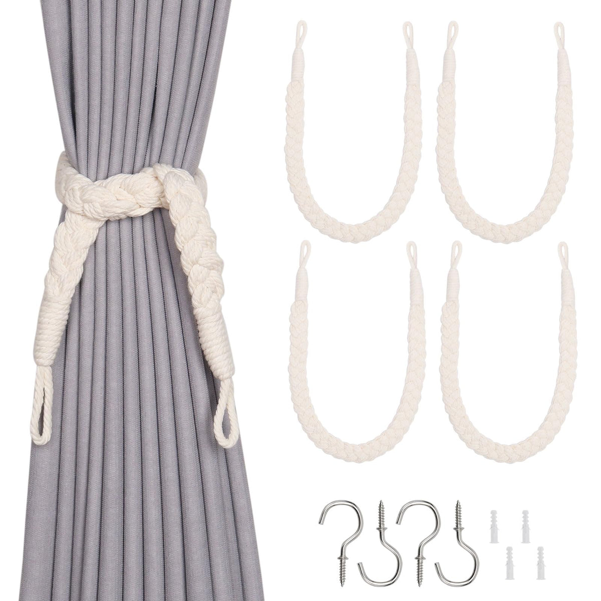 NICEEC 2 Pack Natural Cotton Rope Curtain Tiebacks Elegant Boho Style Decorative Drape Tie Backs Soft Hand-Woven Rope Curtain Holdbacks with Metal Hook for Home & Office Drapery (Coffee)
