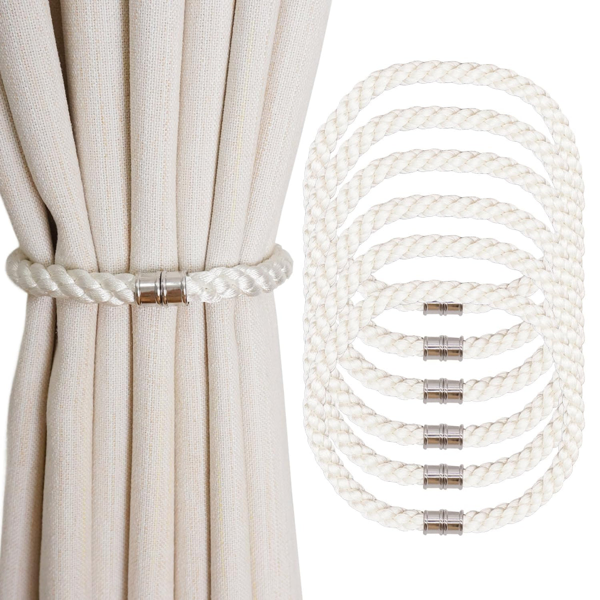 Magnetic Curtain Tiebacks, 2pcs Modern Handmade Rope Curtain Tie Backs Decorative Curtain Holdbacks Holders Cord for Window Sheer Drapes Indoor Outdoor, Grey