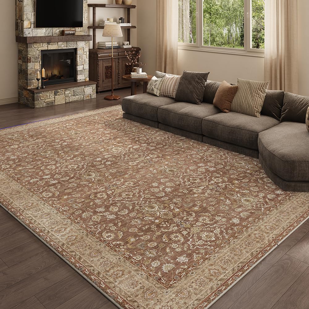 8x10 Reddish Brown Washable Area Rug for Living Room, Vintage Print