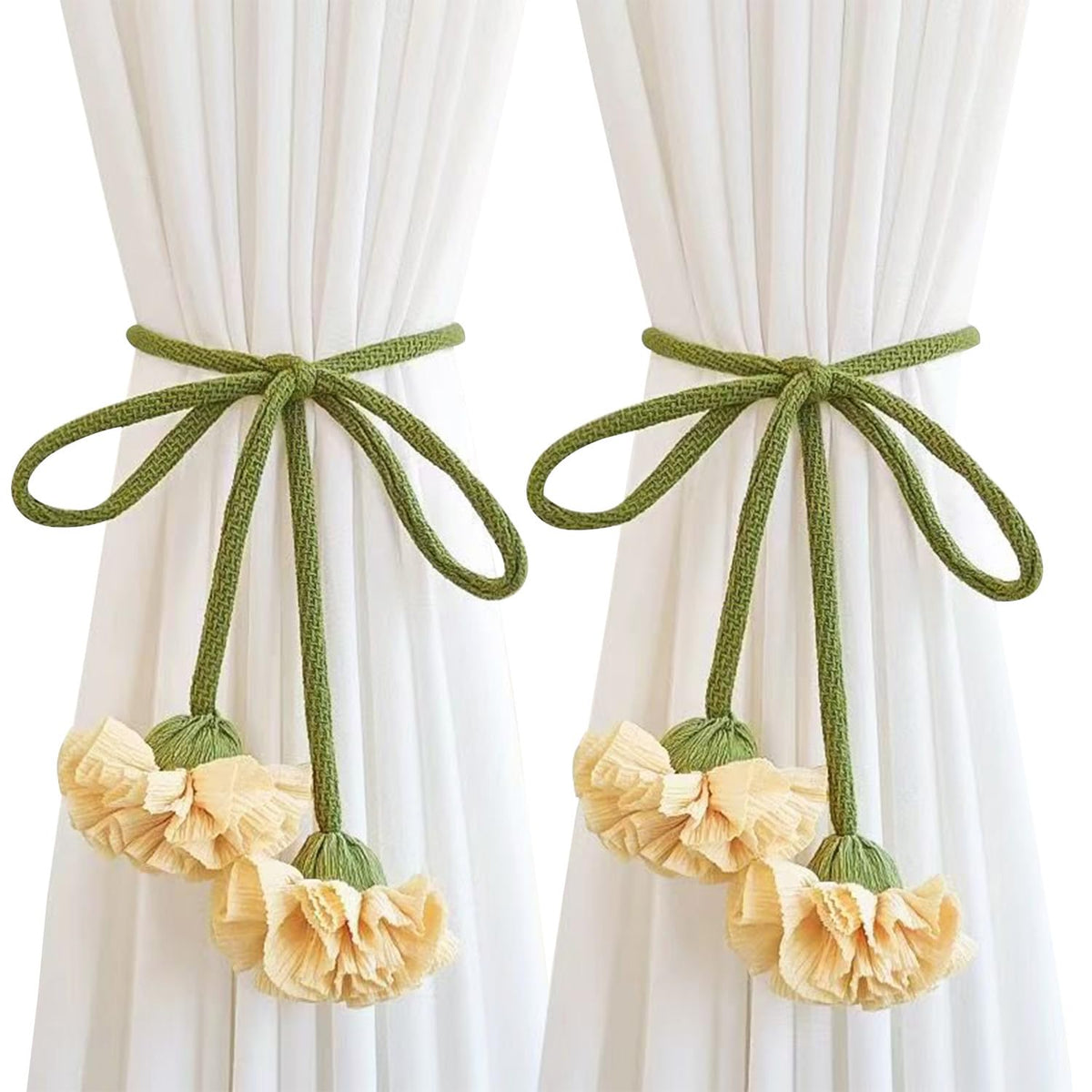Handmade Curtains Tiebacks, Boho Flower Curtain Tie Backs Curtain Holder Tie Backs for Curtains Braided,Cute Flower Curtain Ties Decorative Rope for Bedroom Window Treatment (Orange)