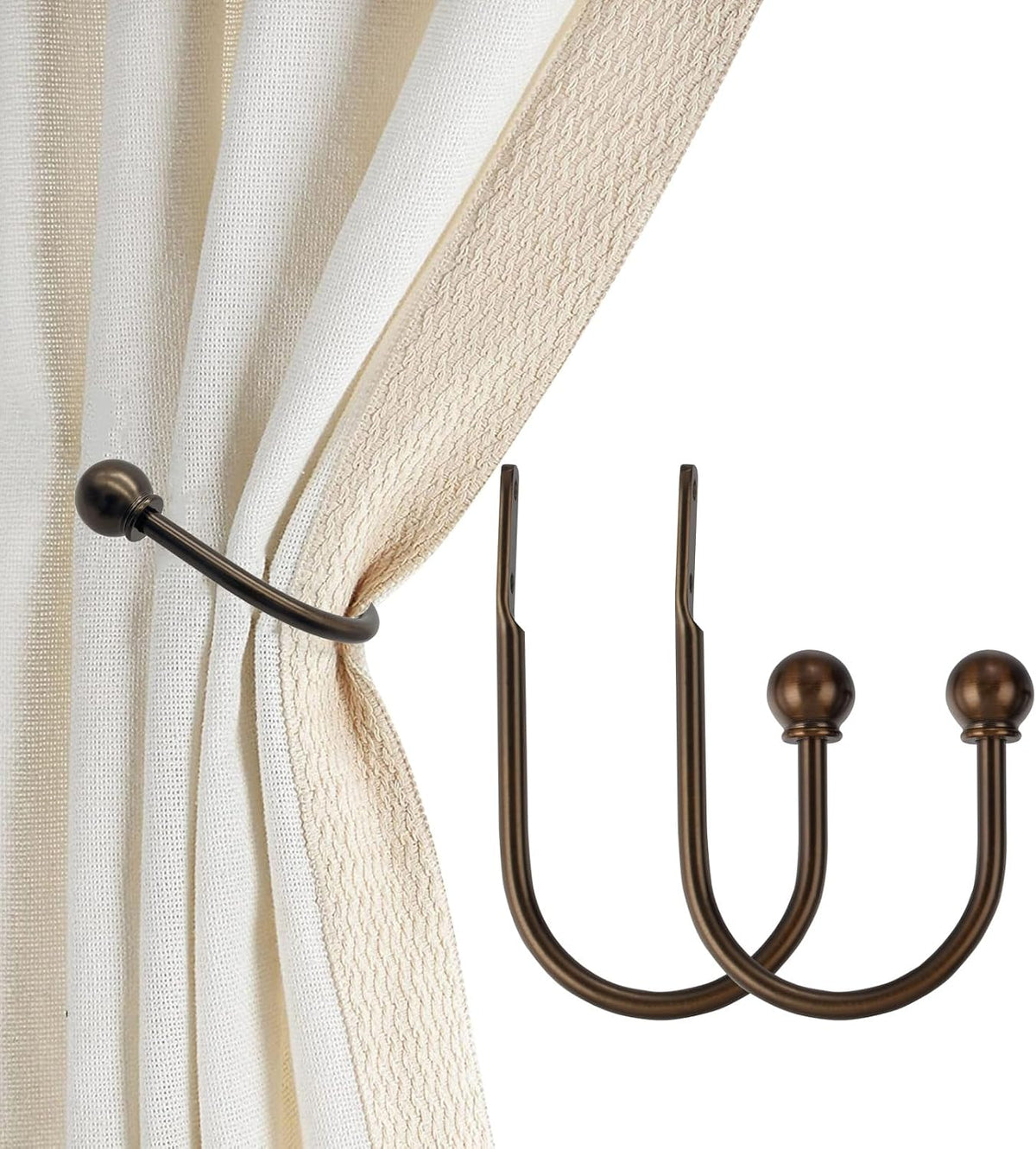 ARNORX Curtain Holdbacks, Hooks, 2 PCS，Solid Steel Hooks, Decorative French Ball End, Curtain Drapery Holdbacks, Wall Mounted, Curtain Tiebacks, Antique Bronze