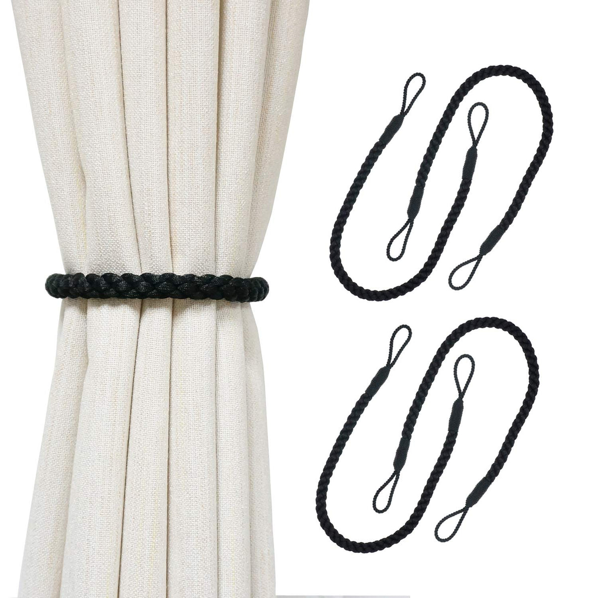Curtain Tiebacks Ropes, 2pcs Decorative Handmade Tie Backs Curtain Holdbacks Holders Cord for Window Sheer Drapes Indoor Outdoor, Grey