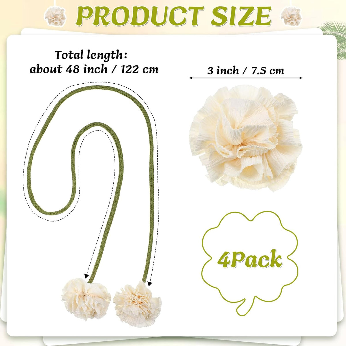 Tegeme 4 Pcs Curtain Tiebacks Flower Curtain Holdbacks Boho Floral Drapery Holdbacks No Drill DIY Decorative Ties for Home Office Wall Hangings Nursery Bedroom Decor(White,Boho Flower)
