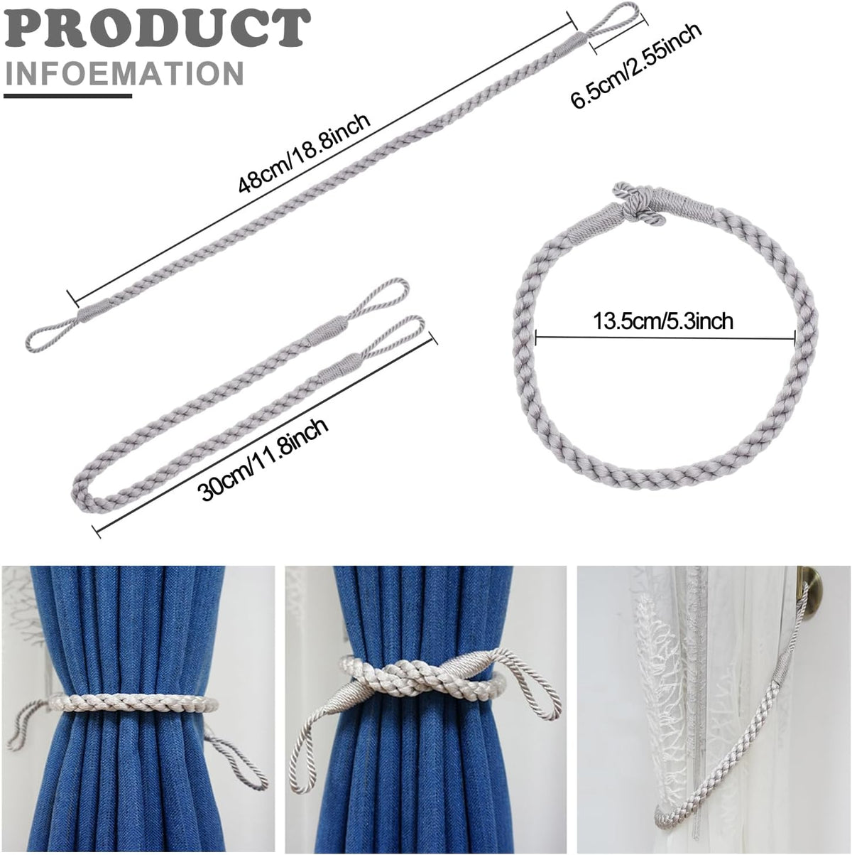Curtain Tiebacks Ropes, 2pcs Decorative Handmade Tie Backs Curtain Holdbacks Holders Cord for Window Sheer Drapes Indoor Outdoor, Grey