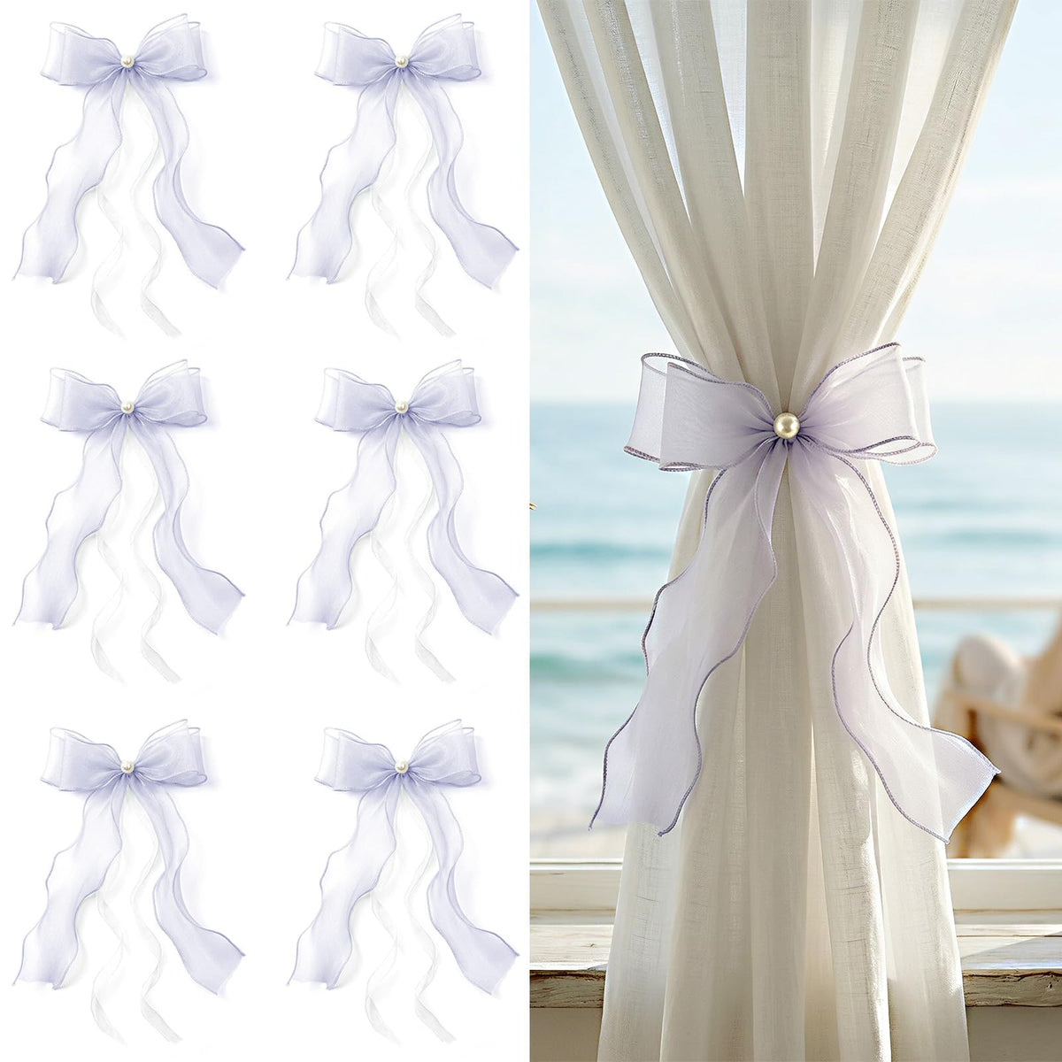 White Lace Bow Curtain Tiebacks 6-Pack, Vine Floral Curtain Holdbacks