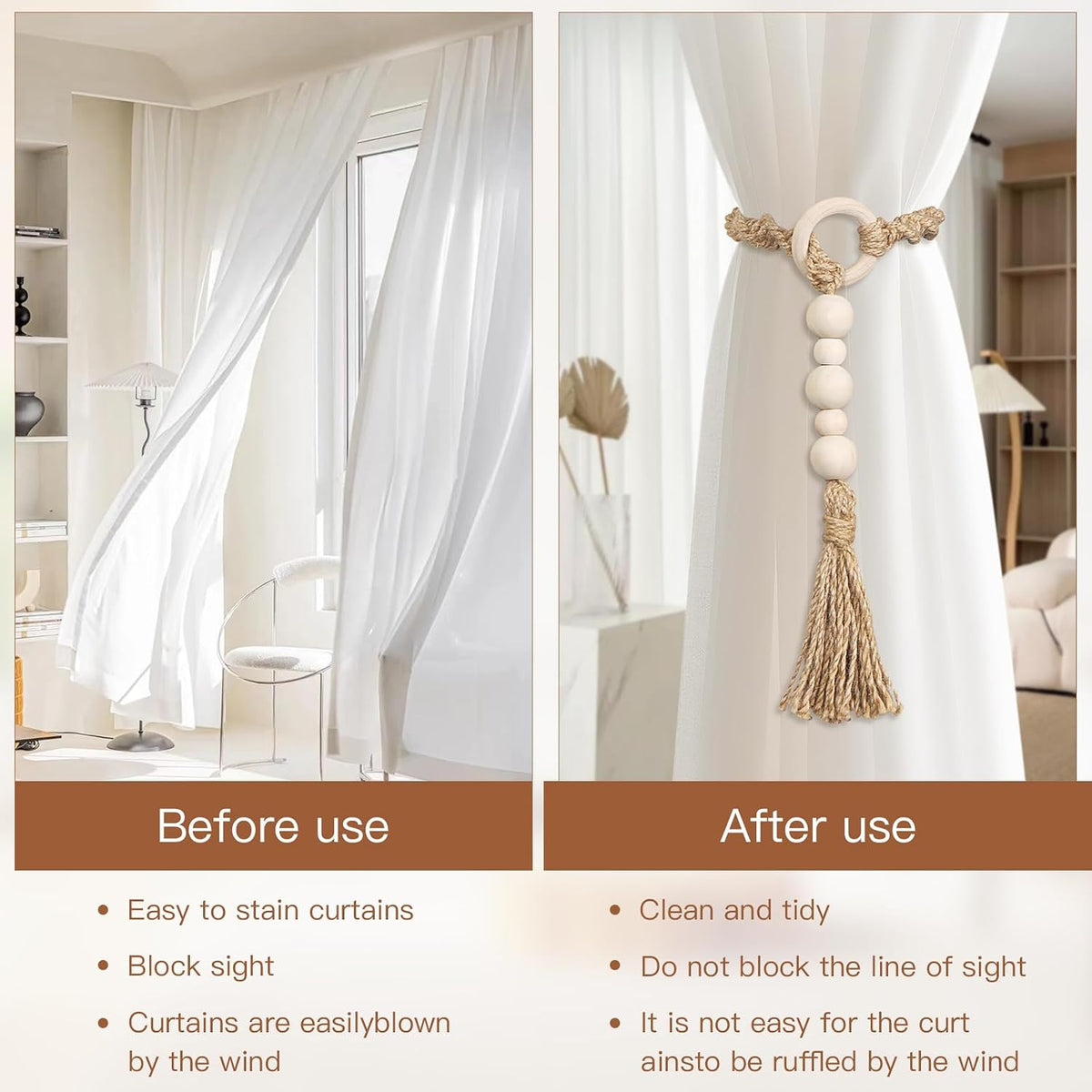 Macrame Curtain Tiebacks with Wooden Beads, Jute Rope Boho Holdbacks with Tassels, Natural Beige, 4-PCS (4)