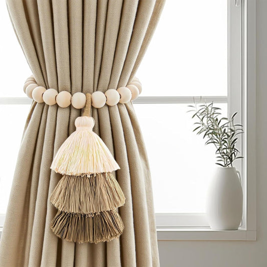 Magnetic Curtain Tiebacks with Wood Beads, Boho Rope Drapery Holdbacks with Triple Tassels, No Drill Curtain Holders for Farmhouse Bedroom, Living Room or Nursery, 2 Pack, Beige Taupe Brown