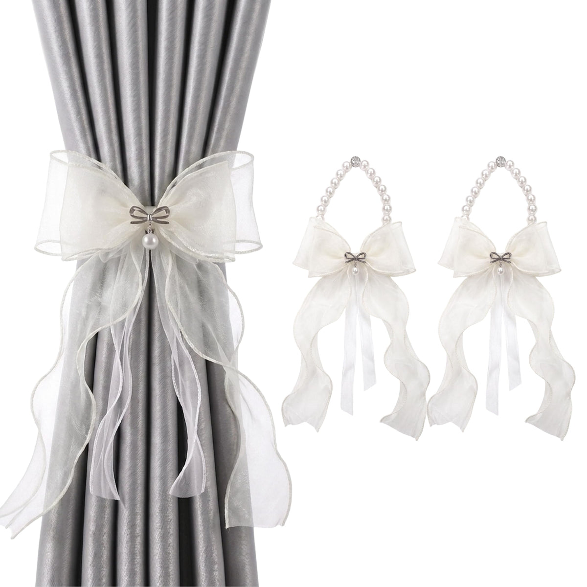 Pearl Bow Magnetic Curtain Tiebacks for Home Decor (2, Black)
