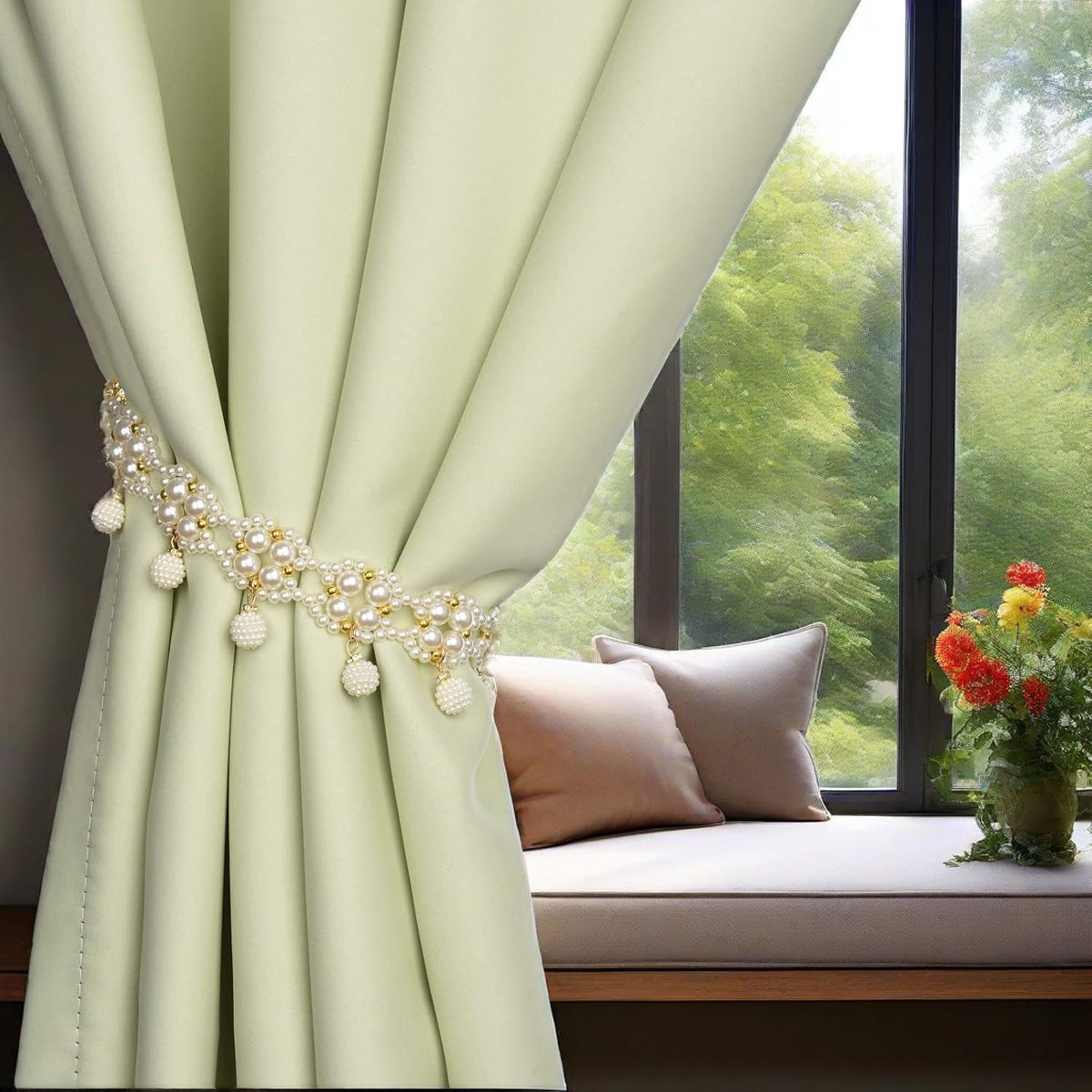 SUQ I OME Magnetic Pearl Beaded Curtain Tieback, White, 1 Pair