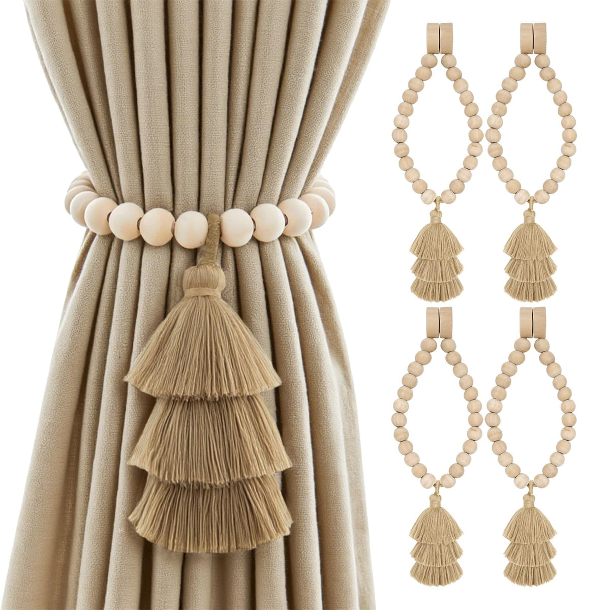 Magnetic Curtain Tiebacks with Wood Beads, Boho Rope Drapery Holdbacks with Triple Tassels, No Drill Curtain Holders for Farmhouse Bedroom, Living Room or Nursery, 2 Pack, Beige Taupe Brown