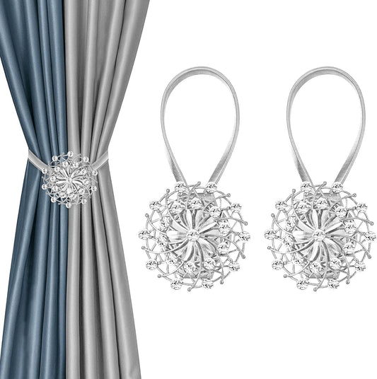 Magnetic Curtain Tiebacks 2 Pack, Silver Crystal Flower No-Drill Curtain Holdbacks with Flexible Spring Wire for Living Room Bedroom Window Decor