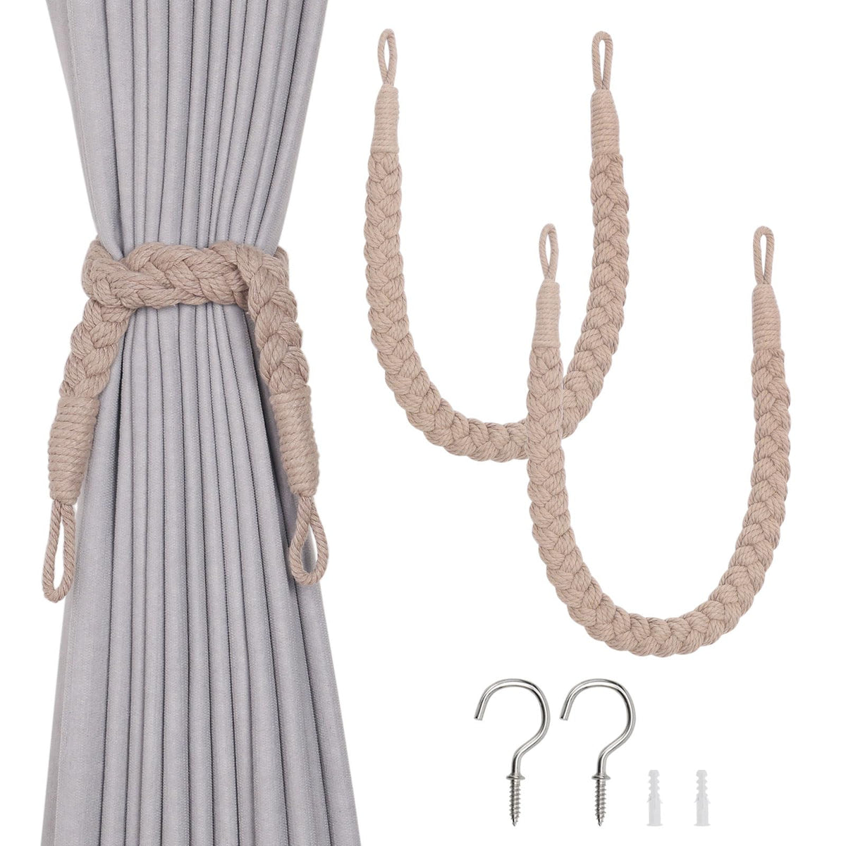 NICEEC 2 Pack Natural Cotton Rope Curtain Tiebacks Elegant Boho Style Decorative Drape Tie Backs Soft Hand-Woven Rope Curtain Holdbacks with Metal Hook for Home & Office Drapery (Coffee)