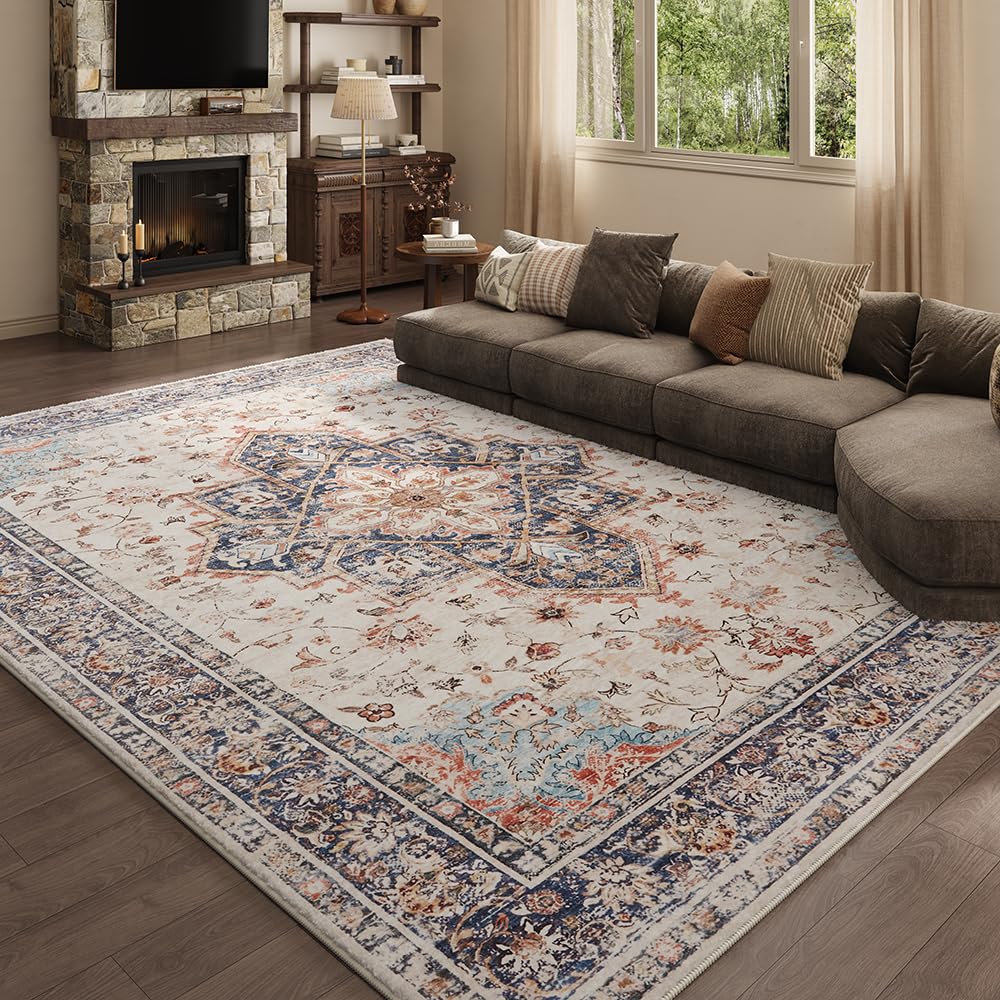 8x10 Reddish Brown Washable Area Rug for Living Room, Vintage Print