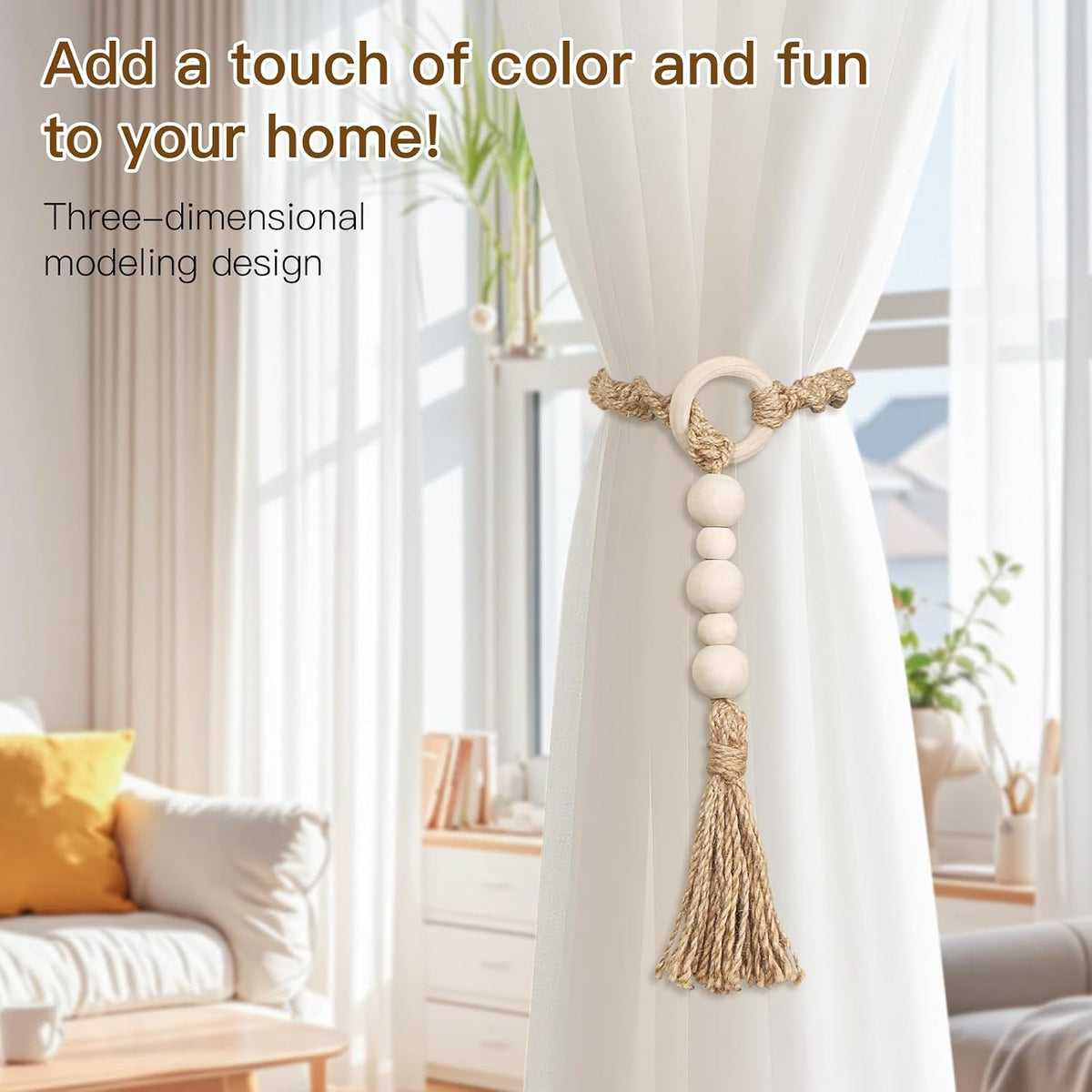 Macrame Curtain Tiebacks with Wooden Beads, Jute Rope Boho Holdbacks with Tassels, Natural Beige, 4-PCS (4)