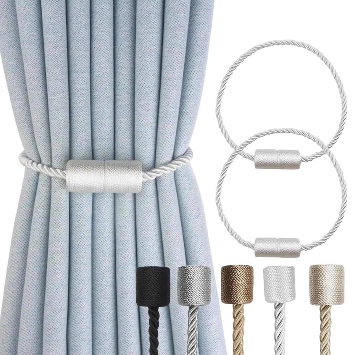 2 Pack Magnetic Curtain Tiebacks Modern Handmade Rope Curtain Tie Backs Decorative Drapes Holdbacks for Home Outdoor Bedroom Decorative Curtain (Beige)