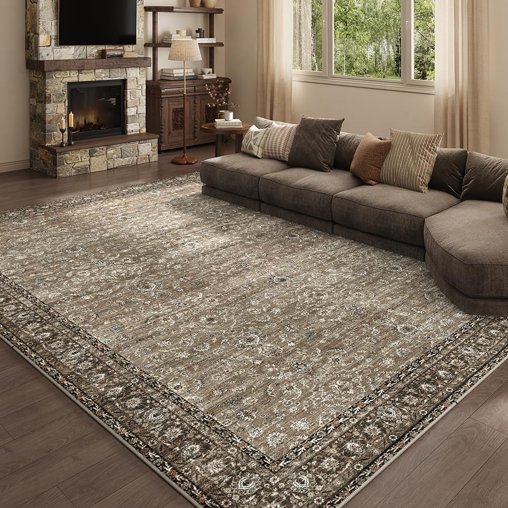 8x10 Reddish Brown Washable Area Rug for Living Room, Vintage Print
