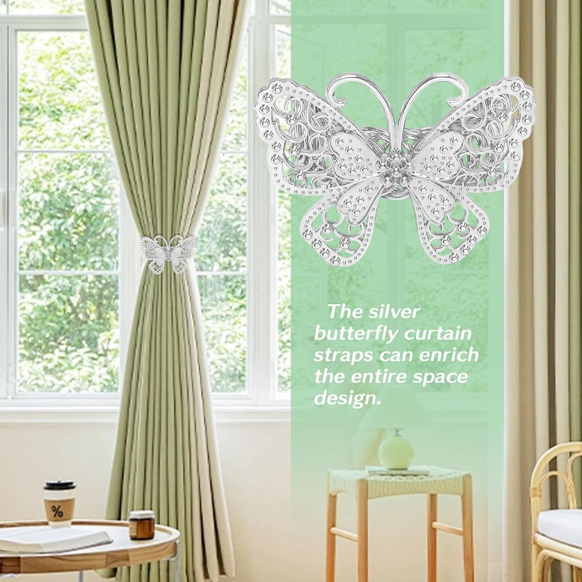 Butterfly Curtain Tiebacks 4 Pack, Gold Metal Curtain Holdbacks, Decorative Boho Curtain Tie Backs for Drapes, Self-Closing Window Curtain Holders for Home Office Cafe Balcony (Silver)