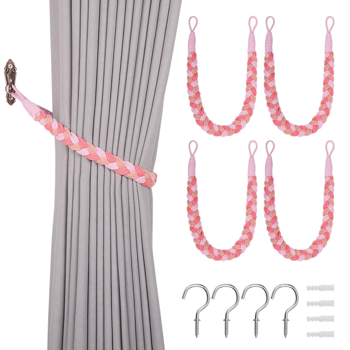 NICEEC 2 Pack Natural Cotton Rope Curtain Tiebacks Elegant Boho Style Decorative Drape Tie Backs Soft Hand-Woven Rope Curtain Holdbacks with Metal Hook for Home & Office Drapery (Coffee)